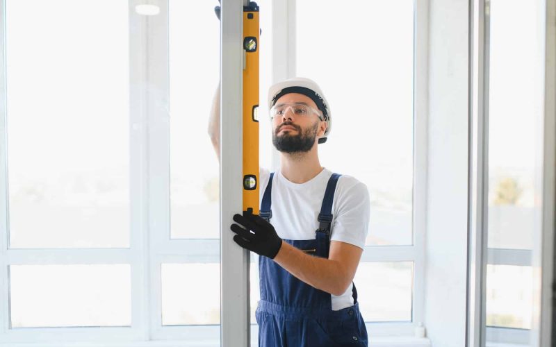 Young man repairing a terrace door